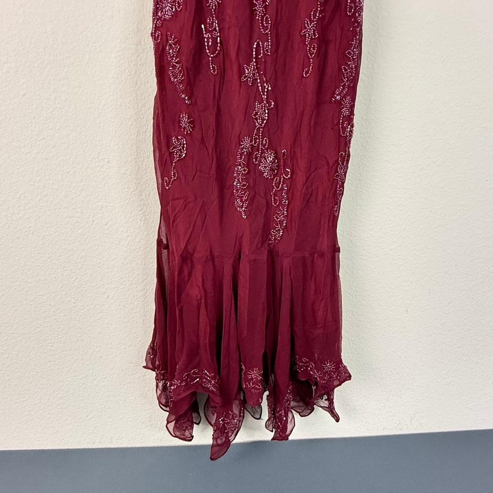 Scala Dress Womens S Burgundy Silk Beaded Handkerchief Hem Cowl Neck Y2K - Picture 3 of 9